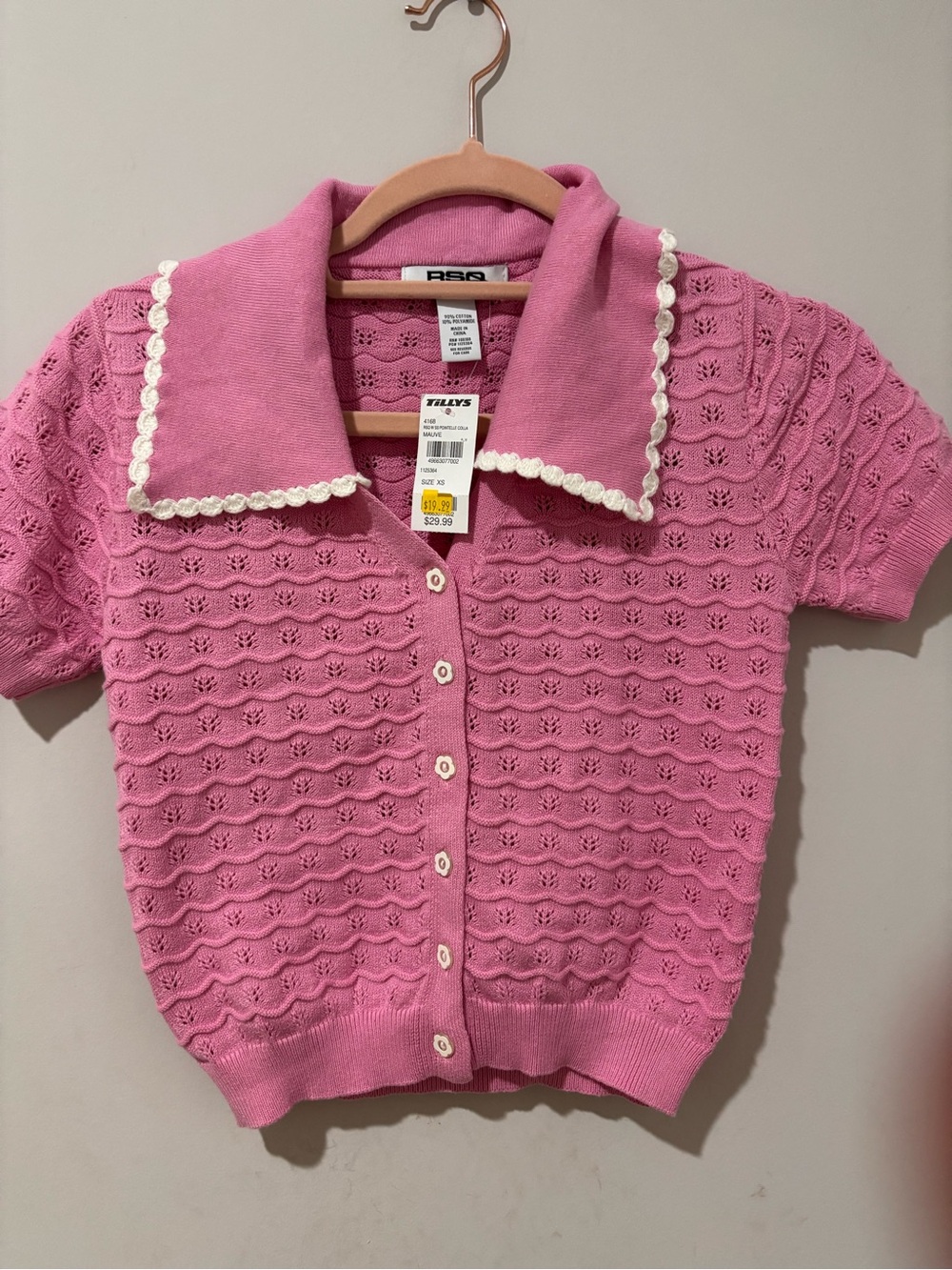 RSQ Pink Cropped Knit Button-Up Top with White Trim